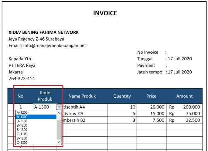 Invoice Pembelian Produk - Daftar kode produk