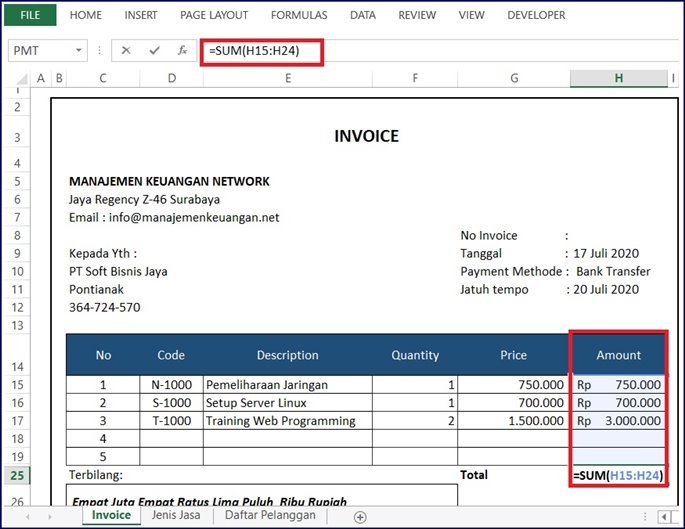 Total Rupiah Invoice Jasa 