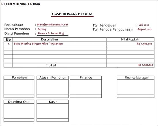 contoh form cash advance